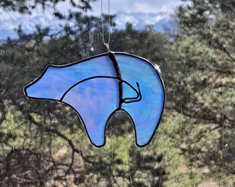 Blue Bear Suncatcher, Stained Glass Native American Spirit Bear, Handmade Glass Bear with Decorative Wire, Home & Living, Home Décor, Gift