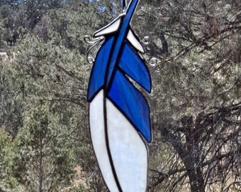 Spirit Feather, Stained Glass Feather Suncatcher, Native American Feathers, Home Decor, Handmade Feather, White & Blue Feather, Window Décor