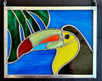 Toucan Stained Glass Panel, Stained Glass Toucan Suncatcher, Handmade, Decorative Window Panel, Home & Living, Home Décor, Wall Décor, Gift