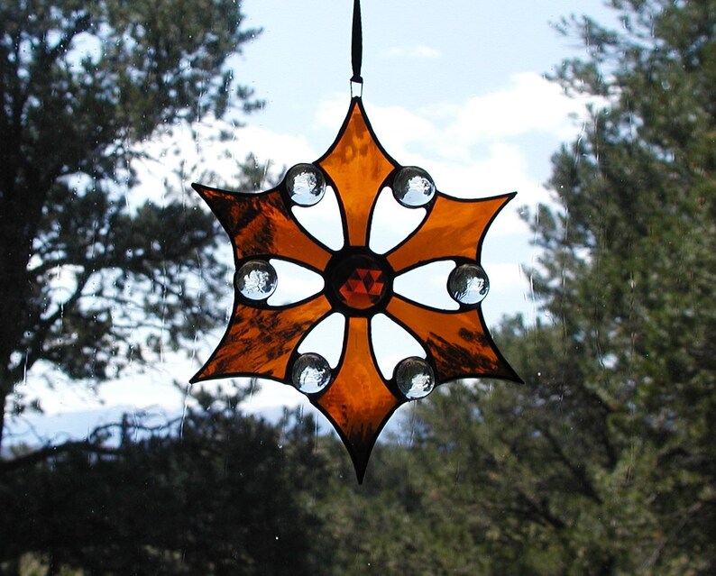 Bronze Suncatcher, Stained Glass Star, Handmade, Decorative Window