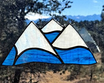 Snowy Mountains Stained Glass Suncatcher, Mountain Climber, Outdoorsman, Snow Cap Mountains, Handmade Window Decor, Home &Living, Home Decor