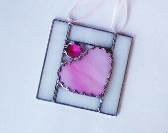 Pink Heart Suncatcher, Stained Glass Framed Pink Heart, Decorative W, Home & Living, Home Decor, Pink Round Doubled Faceted Jewel, Gift Idea