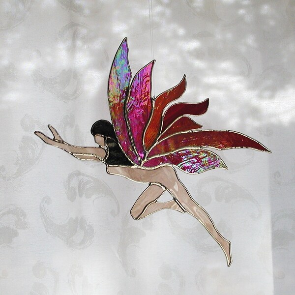 Red Fairy Suncatcher, Stained Glass Faerie, Red Iridescent Winged Handmade Window Fairy Art & Collectibles, Glass Art, by TraceofGlass, Gift