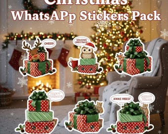Paquete de stickers navideños animados para WhatsApp / Cajas de regalo navideñas, gatos y decoraciones festivas / GIFs navideños