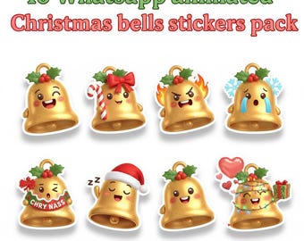 Pegatinas animadas de campanas navideñas / 10 adorables expresiones kawaii / GIF festivos para WhatsApp / Clipart navideño / Descarga digital