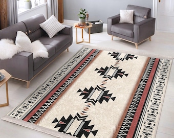Boho Teppich Azteken, Beige Geometrischer Samt, Waschbar