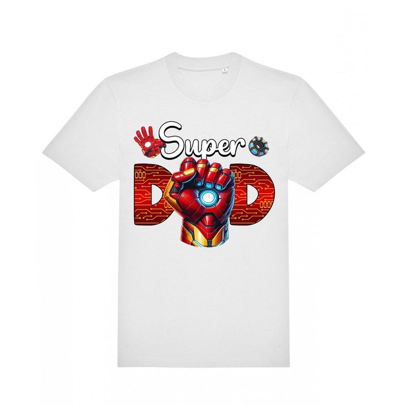 May include: White t-shirt with a graphic design featuring a red and gold armored hand with a glowing blue center. The word "Super" is above the hand, and the word "Dad" is below, in a circuit board design.