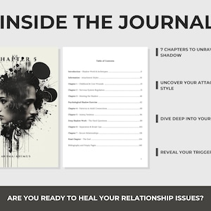 May include: The image shows a journal with the title "Inside the Journal." The cover features a black and white artistic rendering of two faces. The text includes "Chapter 5" and "Anima/Animus." Additional text highlights key topics: "7 Chapters to Unravel Your Shadow," "Uncover Your Attachment Style," and "Dive Deep Into Your Psyche."