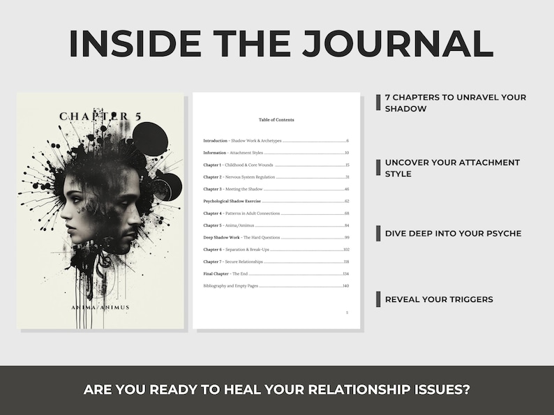 May include: The image shows a journal with the title "Inside the Journal." The cover features a black and white artistic rendering of two faces. The text includes "Chapter 5" and "Anima/Animus." Additional text highlights key topics: "7 Chapters to Unravel Your Shadow," "Uncover Your Attachment Style," and "Dive Deep Into Your Psyche."