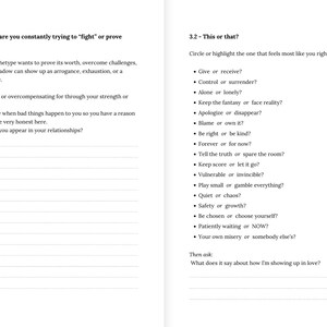 May include: Open notebook pages with text. One section asks, "Where in your life are you constantly trying to 'fight' or prove yourself?" The other section asks, "This or that?" with a list of options to circle or highlight.