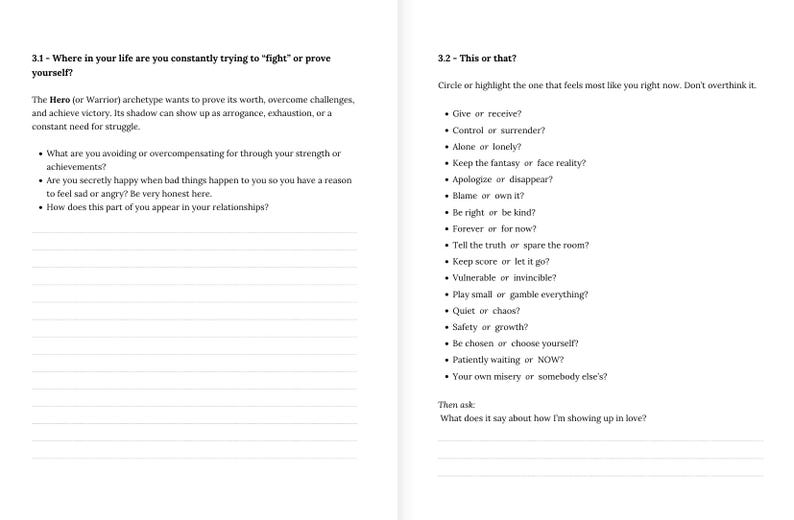 May include: Open notebook pages with text. One section asks, "Where in your life are you constantly trying to 'fight' or prove yourself?" The other section asks, "This or that?" with a list of options to circle or highlight.