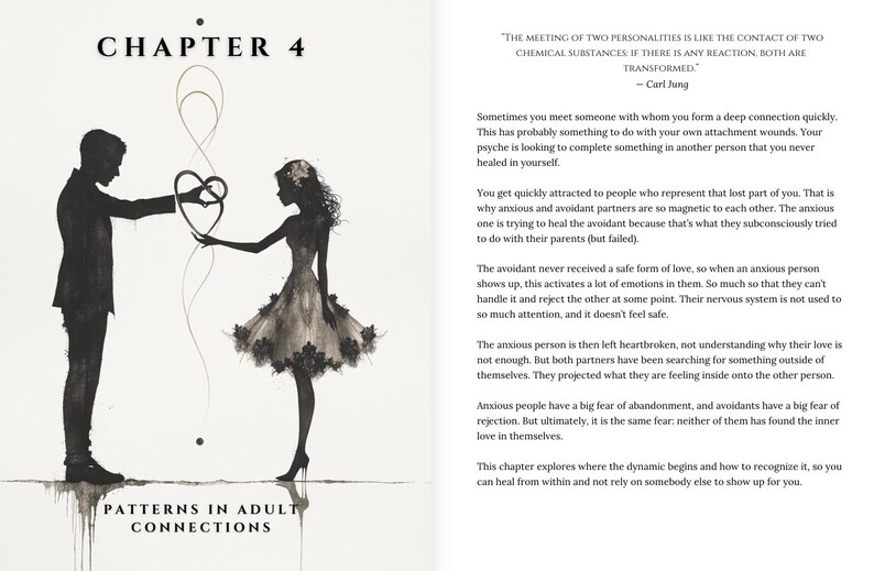 May include: Illustration of a man and woman in silhouette, holding a heart-shaped design. The image is from a book chapter titled "Chapter 4" with the text "Patterns in Adult Connections."