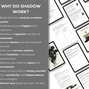 May include: A digital product with a dark gray background listing the benefits of shadow work. The text reads "Why do shadow work?" followed by bullet points. Several digital tablets with worksheets are scattered around the text.