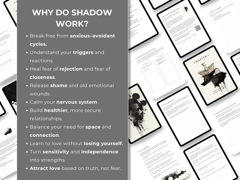 May include: A digital product with a dark gray background listing the benefits of shadow work. The text reads "Why do shadow work?" followed by bullet points. Several digital tablets with worksheets are scattered around the text.