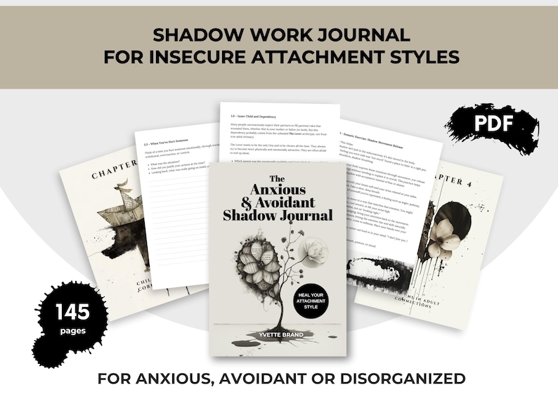 May include: A digital journal titled "The Anxious & Avoidant Shadow Journal" with 145 pages, designed to heal attachment styles. The cover features a tree illustration. Additional pages are visible, along with the text "Shadow Work Journal".