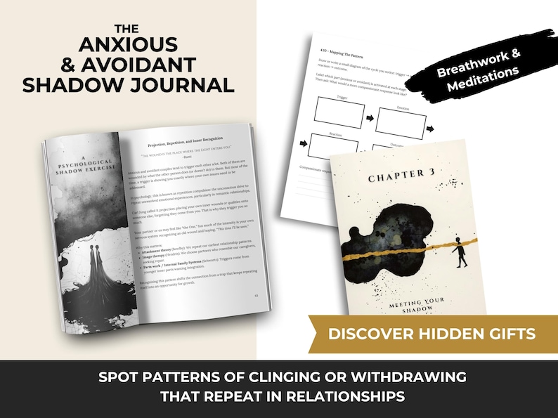 May include: The image showcases "The Anxious & Avoidant Shadow Journal," with open pages displaying exercises and text. Additional pages include "Breathwork & Meditations" and "Chapter 3: Meeting Your Shadow." The journal aims to help spot patterns in relationships.