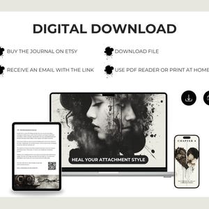 May include: Digital download graphic with the text "DIGITAL DOWNLOAD". The image shows a laptop, tablet, and smartphone displaying content. The laptop screen shows a black and white image of two faces. The text "HEAL YOUR ATTACHMENT STYLE" is displayed.