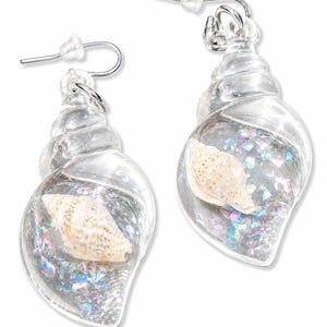 May include: A pair of dangle earrings featuring clear, hollow, shell-shaped glass pendants. Inside each pendant is a small, textured, off-white seashell surrounded by iridescent, multi-colored glitter flakes. The earrings have silver-toned hooks.