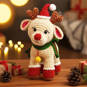 Può includere: Una statuetta di renna all'uncinetto con naso rosso, corna e cappello da Babbo Natale. La renna indossa una sciarpa verde e rossa e calzini rossi. La statuetta è su una superficie di legno con regali di Natale e pigne.
