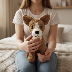 Può includere: Un peluche a forma di cane fatto a mano all'uncinetto, marrone, bianco e nero. Il cane ha grandi orecchie, una macchia bianca sulla fronte e un naso nero. Il peluche è tenuto in mano.
