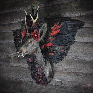 Puede incluir: Una cabeza de ciervo disecada con plumas negras, detalles rojos y una corona de rosas y astas. El ciervo tiene un pelaje gris oscuro y está adornado con plumas de pavo real. La obra de arte está montada sobre un fondo de madera oscura.