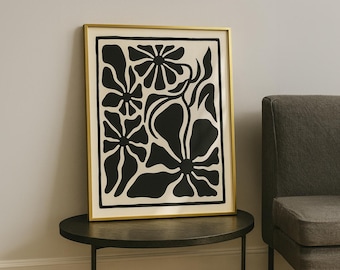 Black and White Floral Digital Print: Monochrome Botanical Wall Art Download