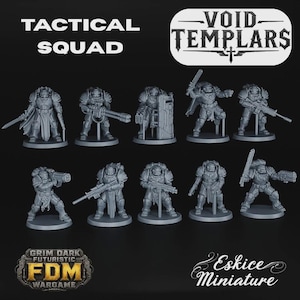 May include: A set of ten grey unpainted plastic miniature figures arranged in two rows. The figures are armored soldiers in various poses, some holding swords, rifles, or shields. Text on the image reads TACTICAL SQUAD, VOID TEMPLARS, and GRIM DARK FUTURISTIC FDM WARGAME.