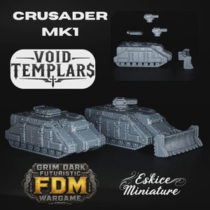 May include: Two grey unpainted plastic miniature tanks labelled Crusader MK1 and Void Templars. The tanks feature tracked bases, armoured hulls, and turret mounts. One tank includes a front-mounted dozer blade, while separate weapon components are shown.