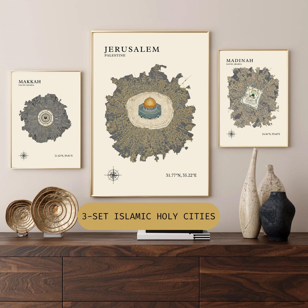 Jerusalem-makkah-madinah Map Wall Art| Holy Cities Islam| Palestine