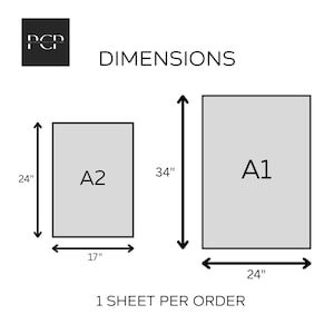 May include: Image showing dimensions of A1 and A2 size prints. A1 is 24 inches by 34 inches. A2 is 17 inches by 24 inches. The text "DIMENSIONS" and "1 SHEET PER ORDER" are also displayed.