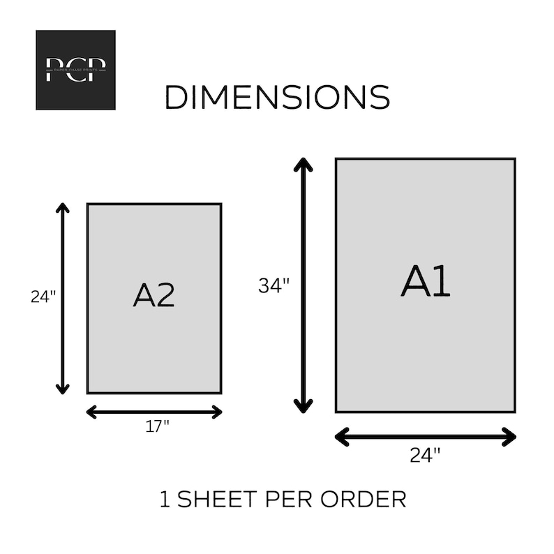 May include: Image showing dimensions of A1 and A2 size prints. A1 is 24 inches by 34 inches. A2 is 17 inches by 24 inches. The text "DIMENSIONS" and "1 SHEET PER ORDER" are also displayed.
