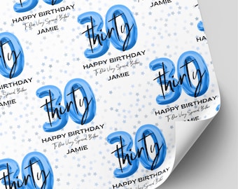 Personalised 30th Birthday Blue Balloon Wrapping Paper | Milestone Gift Wrap
