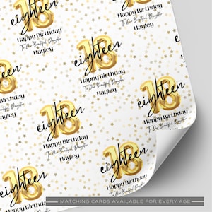 May include: White wrapping paper featuring a repeating pattern of gold foil stars and gold balloon-style numbers 18. The text reads eighteen, Happy Birthday, To Our Beautiful Daughter, and Hayley in black script and sans-serif fonts.