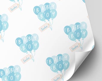 Personalised New Baby Wrapping Paper | Baby Boy Gift Wrap | Blue Balloons