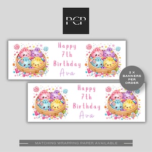 May include: Two rectangular birthday banners featuring a bamboo steamer filled with four colourful, smiling dumpling characters surrounded by various sweets. The text reads Happy 7th Birthday Ava in pink lettering. A circular badge states 2 X BANNERS PER ORDER.