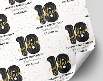 Personalised 18th Birthday Black & Gold Balloon Wrapping Paper | Milestone Gift Wrap