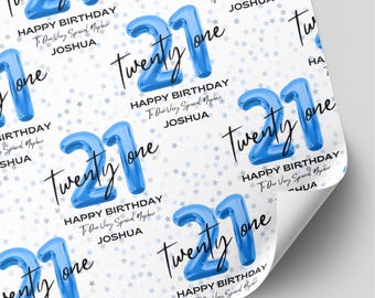 Personalised 21st Birthday Blue Balloon Wrapping Paper | Milestone Gift Wrap