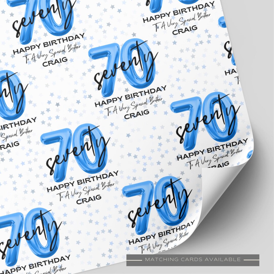 Personalised 70th Birthday Blue Balloon Wrapping Paper | Milestone Gift ...