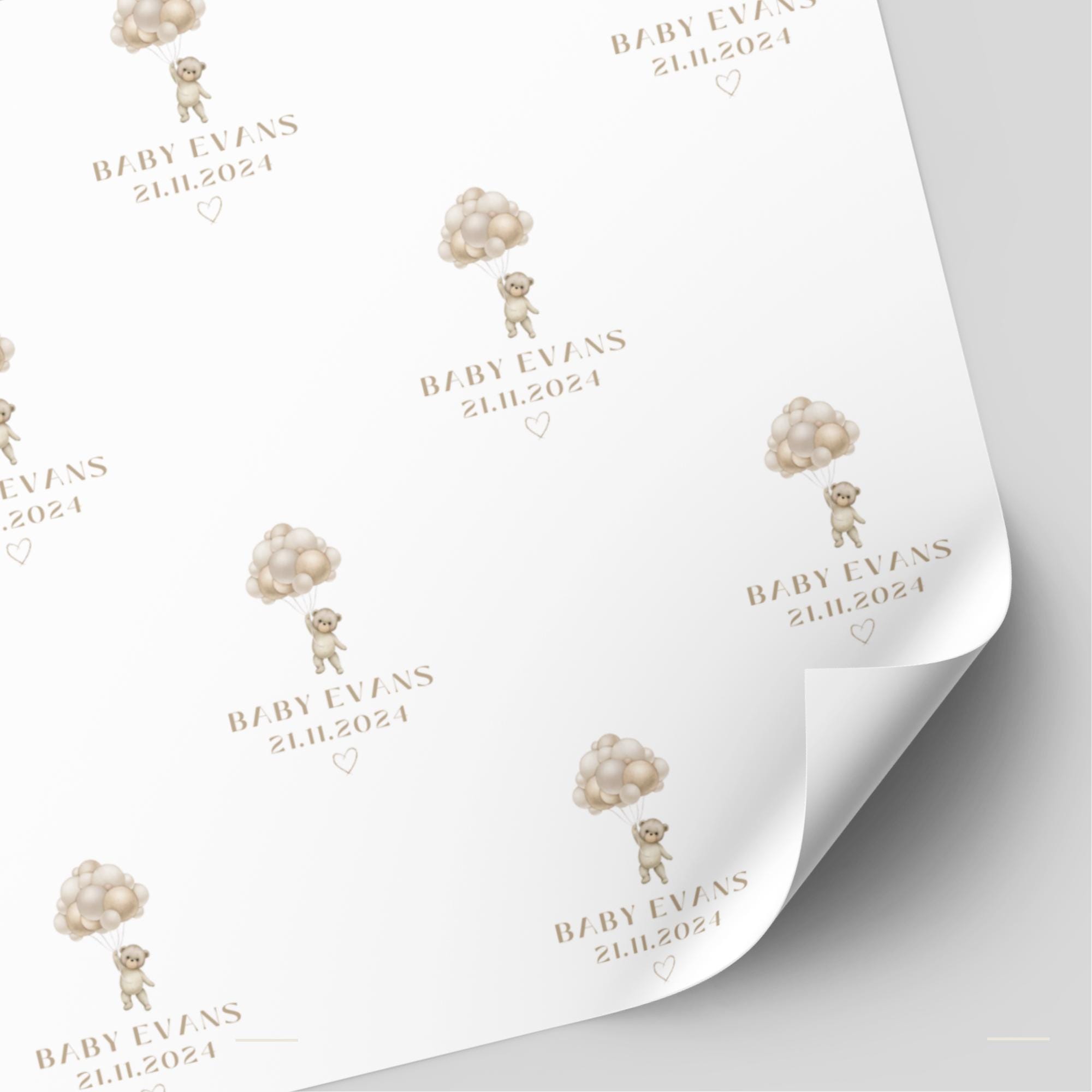 Personalised New Baby Wrapping Paper with Bear and Balloons