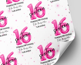 Personalised Pink Balloon 16th Birthday Wrapping Paper | Milestone Gift Wrap