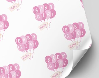 Personalised New Baby Wrapping Paper | Baby Girl Gift Wrap | Pink Balloons