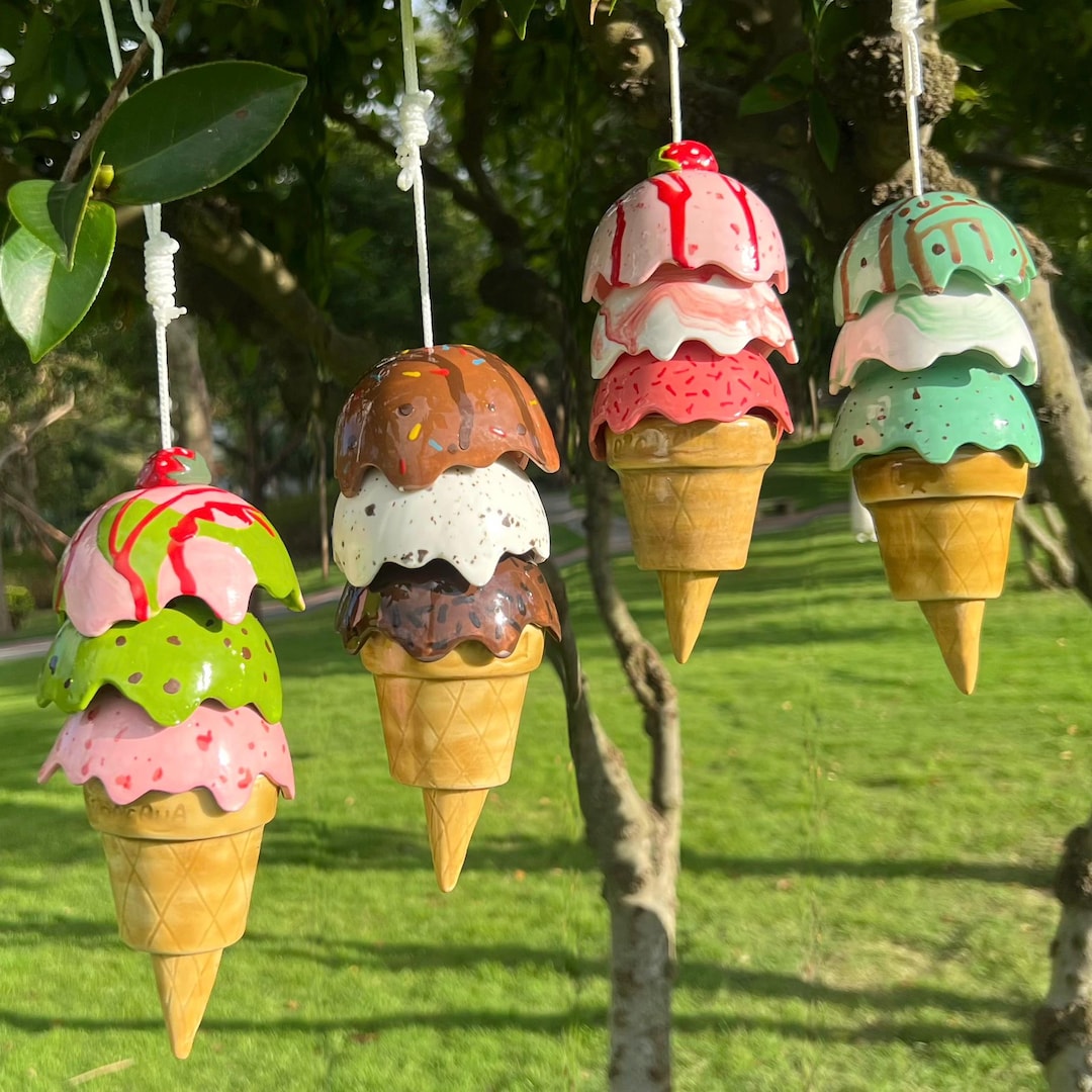 Handmade Ceramic Ice Cream Wind Chime: Garden Decor. Gift - Mint