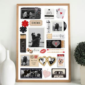 May include: A framed collage featuring black and white photos, playing cards, a camera, and other romantic memorabilia. The collage includes the word "love" and the date "10.10.2026" on matchsticks, and a heart-shaped pendant.