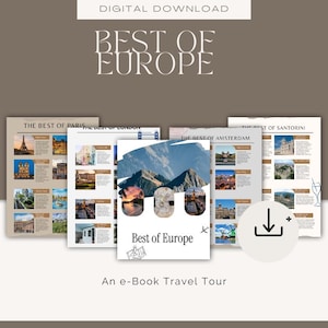 Può includere: Una guida di viaggio digitale scaricabile intitolata Best of Europe, che include diverse pagine su Parigi, Londra, Amsterdam e Santorini. Le pagine presentano fotografie di monumenti, testi descrittivi e un'icona di download.