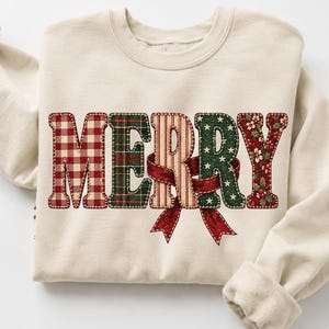 Merry Christmas Sweatshirt, Faux Embroidery Holiday Crewneck, Patchwork Plaid Christmas Bow Sweatshirt