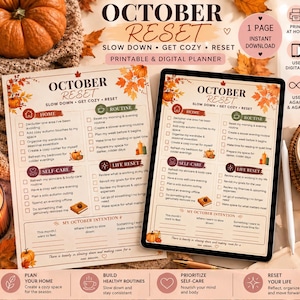 Può includere: Un planner stampabile e digitale October Reset con sezioni per casa, routine, cura di sé e reset della vita. Il documento include caselle di controllo, illustrazioni di foglie e zucche autunnali e il testo October Reset Slow Down Get Cozy Reset.