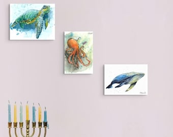 Minimalist Sea Creatures Printable Wall Art Set of 3 - Octopus - Whale - Turtle -