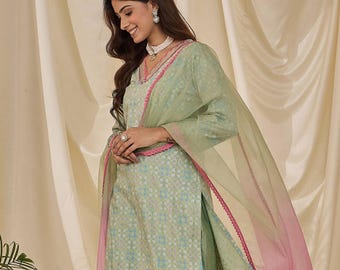 Sea Green Floral Kurta Sharara Set | Silk Blend Ethnic Wear