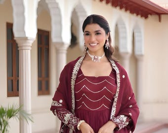 Faux Georgette Embroidered Gown with Dupatta | Sequins & Zari Party, Wedding and Festive Wear Marroon
