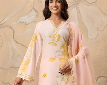 Pink & Yellow Floral Printed Kurta Palazzo Set with Dupatta | Chinon Kurta Set for Women | Indian Ethnic Wear